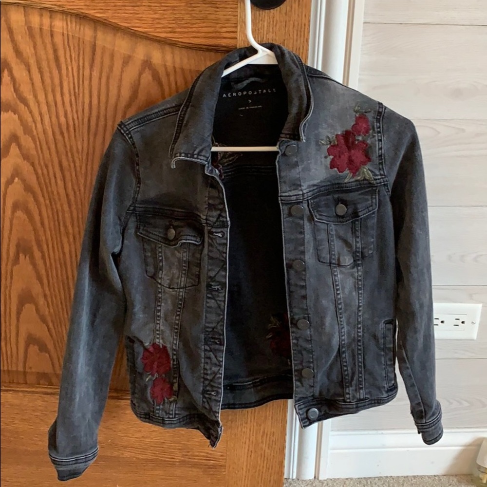 Aeropostale black jean jacket with maroon flowers
